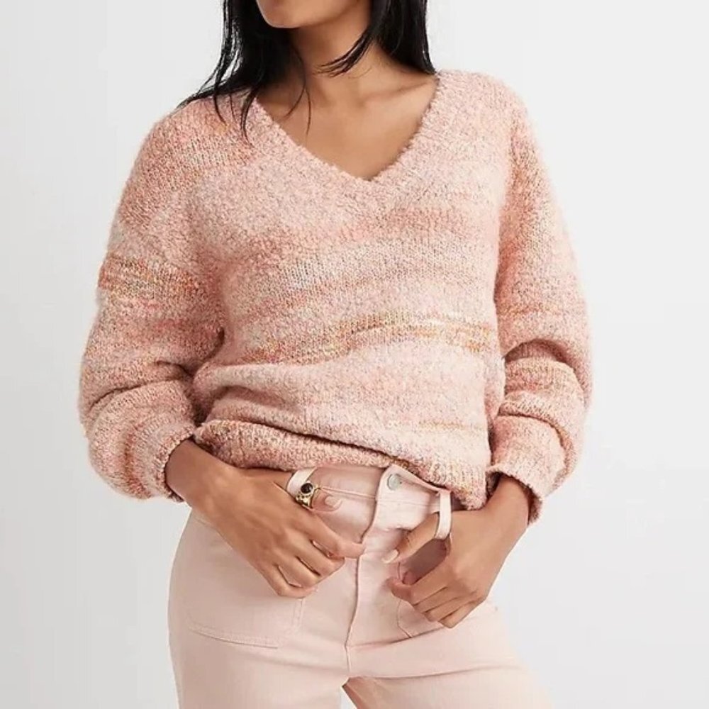 J.Crew V Neck‎ Puff Sleeve Sweater Pink Rainbow Spacedye Wool Blend Medium